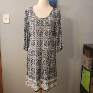 Tacera Womens Navy / White Geometric Floral Pencil Dress Cut Sleeve Stretch M